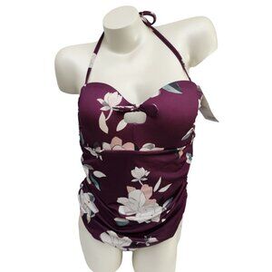 Athleta NWT Purple Tankini Swimsuit Floral 2 pc. Cut Out Padded Top Bottom Large